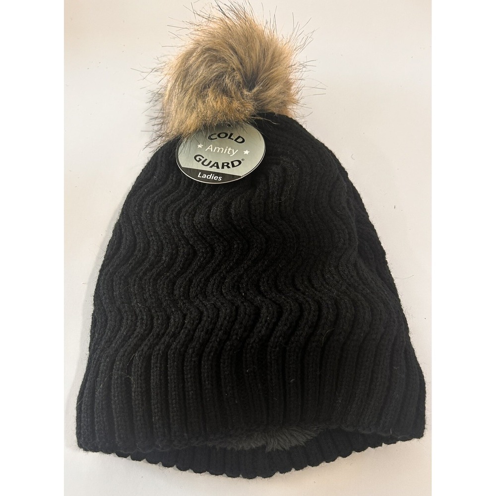 Women's Chunky Knit‎ Winter Beanie with Pompom Ribbed Cap Black Faux Fur Lining